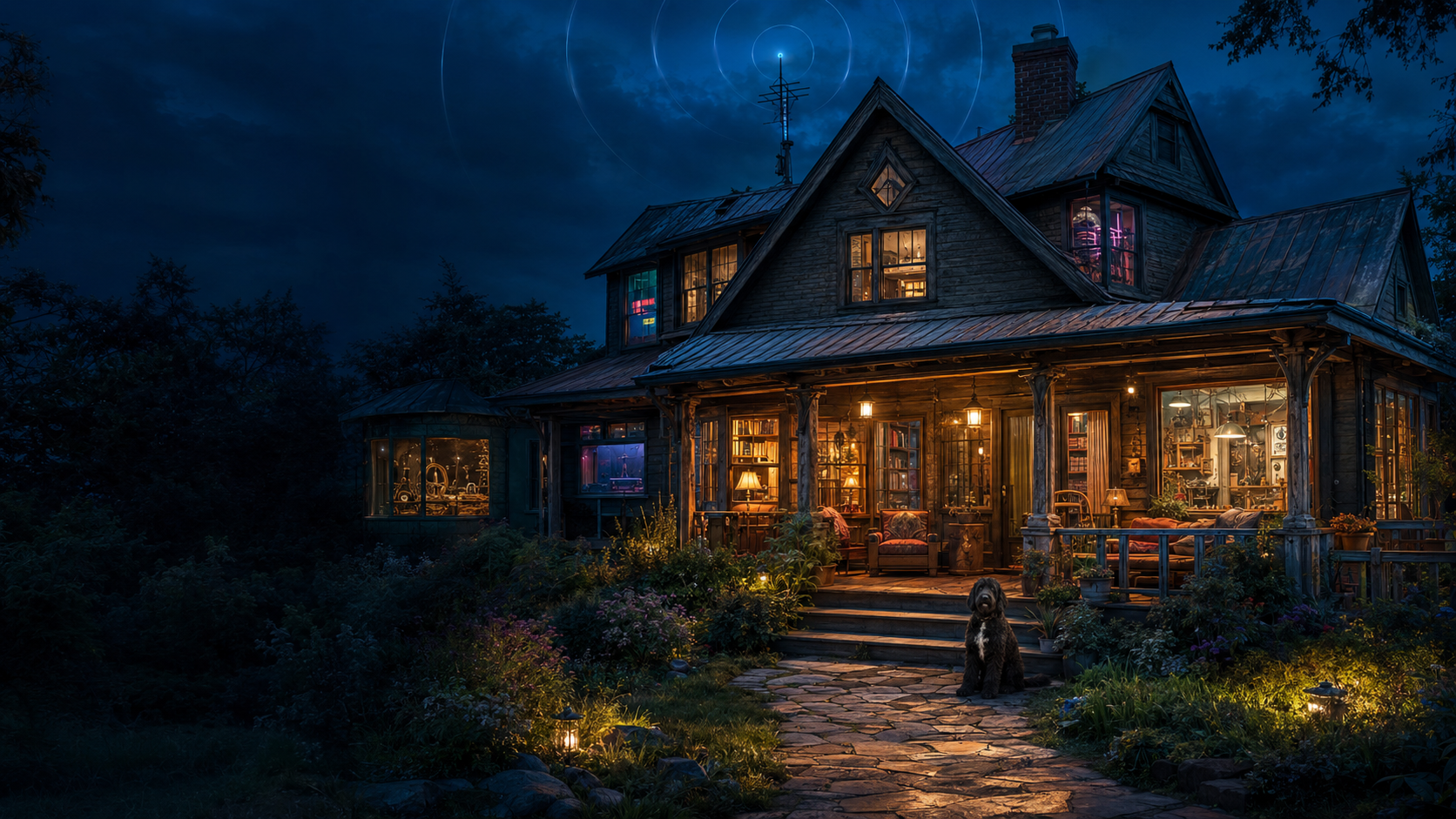 The warmly lit CJSP Creative House and its front porch at blue hour, with Prudence waiting by the steps